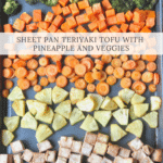 cooked, layered tofu and veggies on a sheet pan
