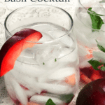 A glass full of ice, plums, basil and clear spirit cocktails